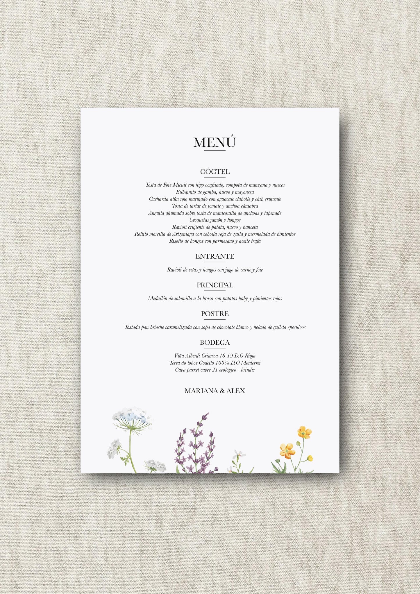 Menú de boda Personalizado